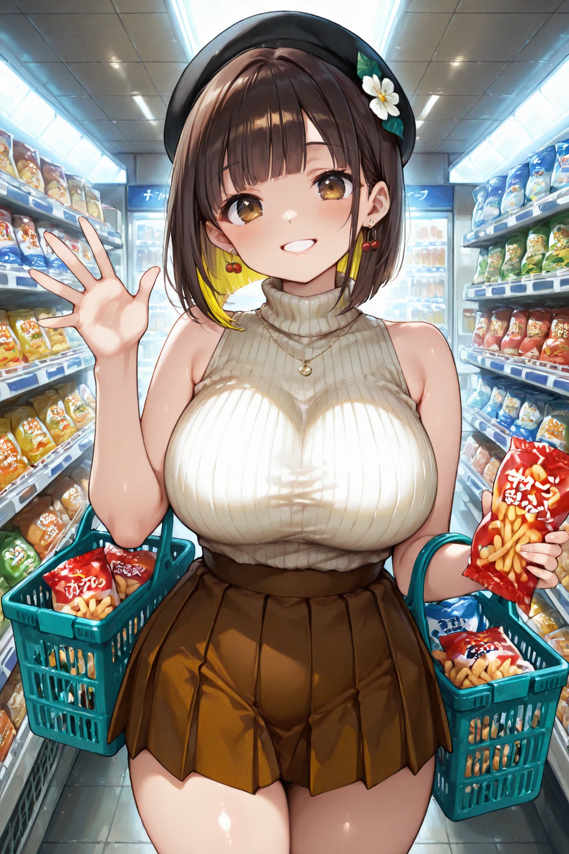 Nagino Sakura, brown eyes, brown hair, hair band, medium length hair, empty eyes , Running, naked, big anime eyes, , shiny hair, bare-skin, navel, the groin, BREAK in front of convenience store, large breasts, blank look, Nipples, nsfw, nipple , (Sweating profusely, Love juice, Wet Woman, female ejaculation) ,, Flooding. sea. solo, Peeing, lactation, projectile lactation