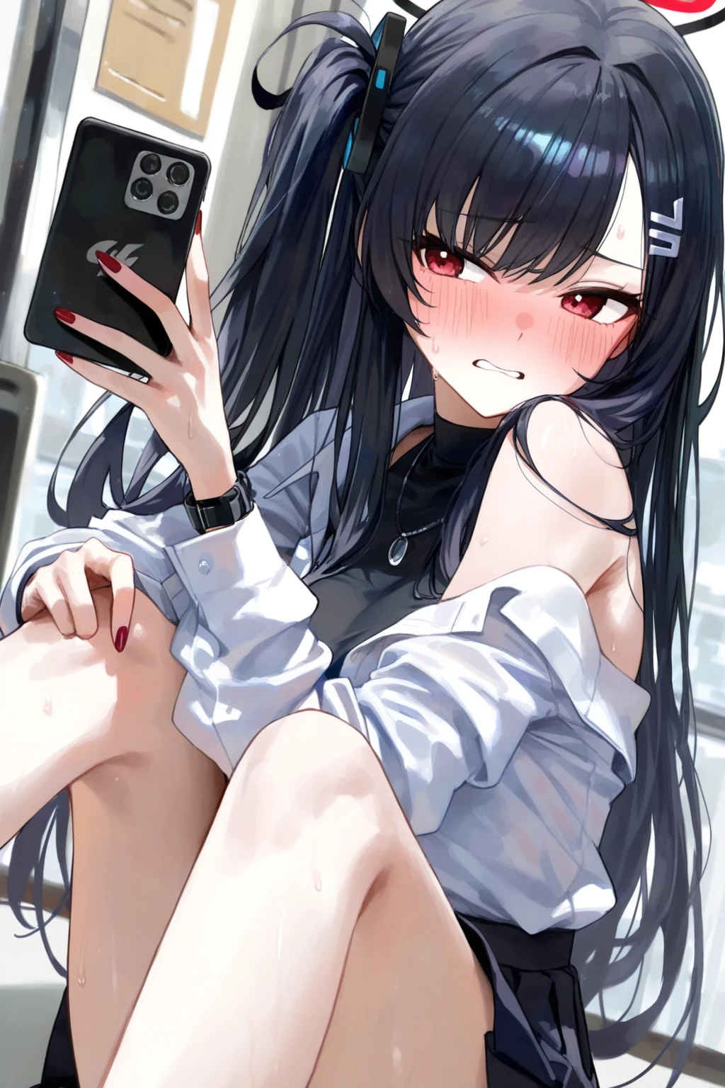 good girl, young skinny body, white shirt, black skirt, purple panties, unbuttoned shirt, bra loose, small , long hair, dark hair, shy