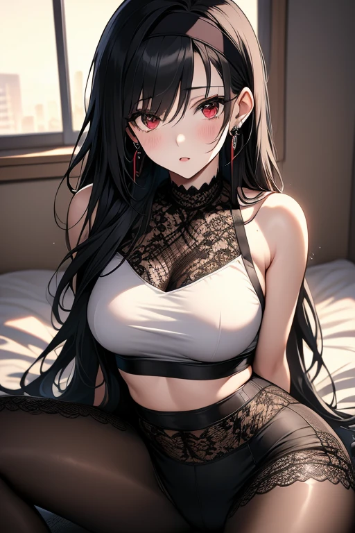 a woman, big breast, long black hair, was in the room, sitting on the edge of the bed carrying a box of condoms, at night, wearing mini dress, 