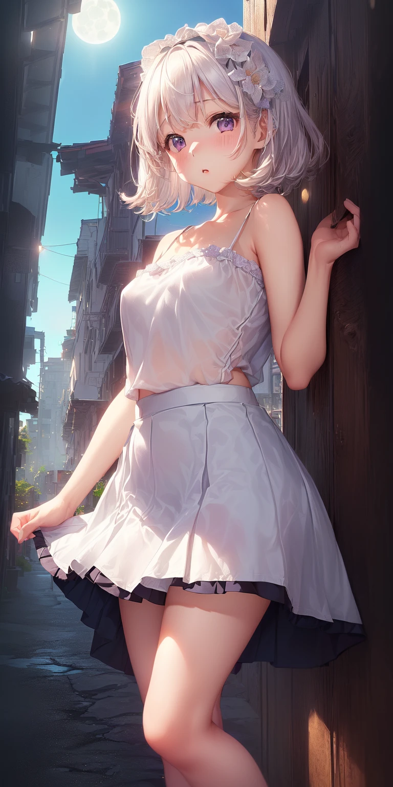 highest quality、4K quality、lean against the wall、Beautiful cleavage、Off-the-shoulder tube knit shirt、Frilled Skirt、Beautiful Style、tall、Small breasts、Shooting from behind、Looking back、Bare buttocks、Small Ass、Blonde short bob、Put your hands on the wall、Shy face、20-year-old female college student、Bare shoulders