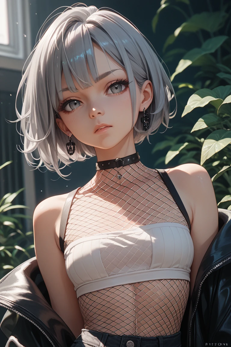 realistic, 1girl, white hair, purple eyes, glowing eyes, crop top, skirt, parted lips, blush, night, flowers, sun, sunlight,