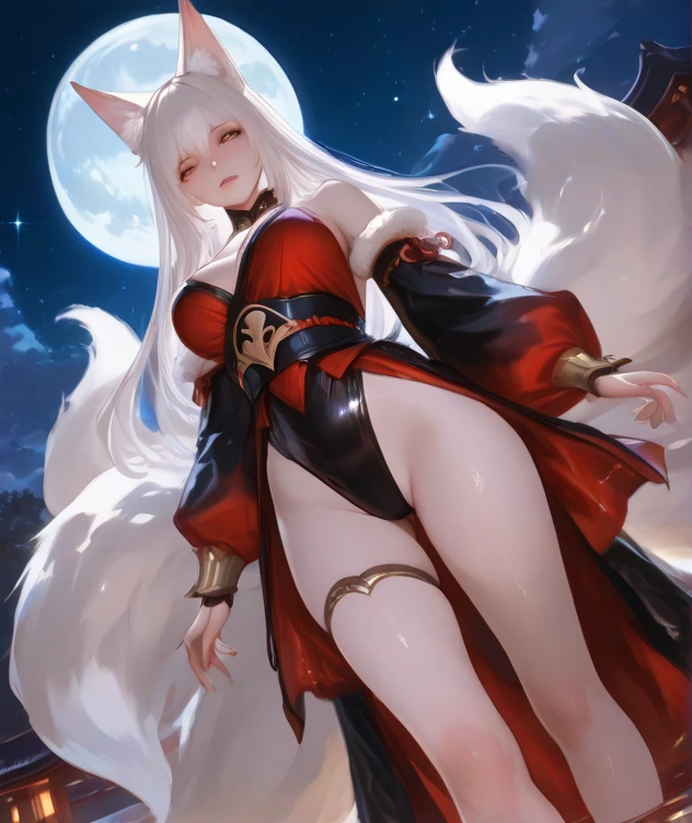 Highest quality,Highest Resolution,Beautiful girl with angry face in white fox leotard,High leg,Very red eyes,Bamboo grove,full moon,Night Sky,fog,((White fox thick tail,White fox ears)),Standing posture,whole body,Red piping line,