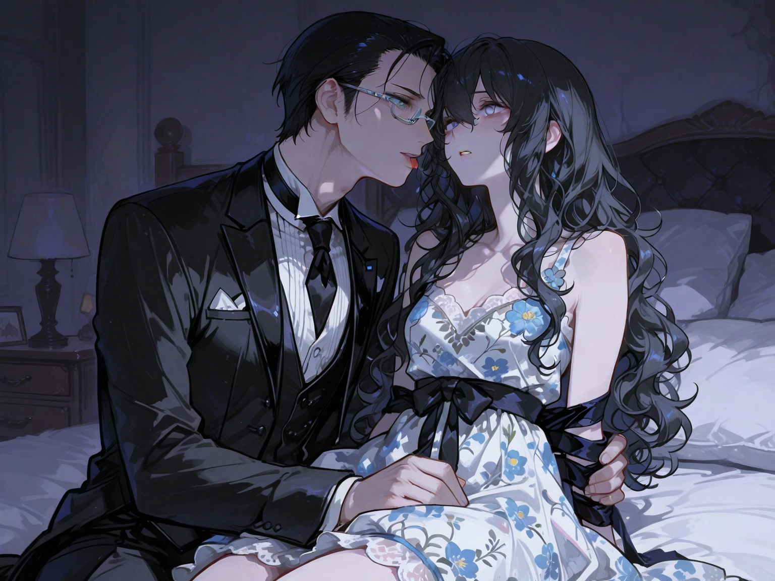 "4k romantic fantasy scene: mature couple embracing tenderly. The man with black hair and blue eyes, and the woman with elegantly tied black hair and mesmerizing red eyes."