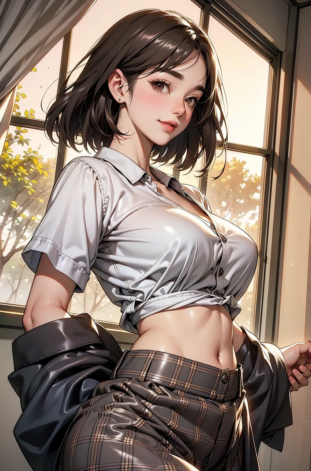 masterpiece, best quality, highres, ma1, brown eyes, camisole, short shorts, midriff, street, panties, underboob, underboob cutout,