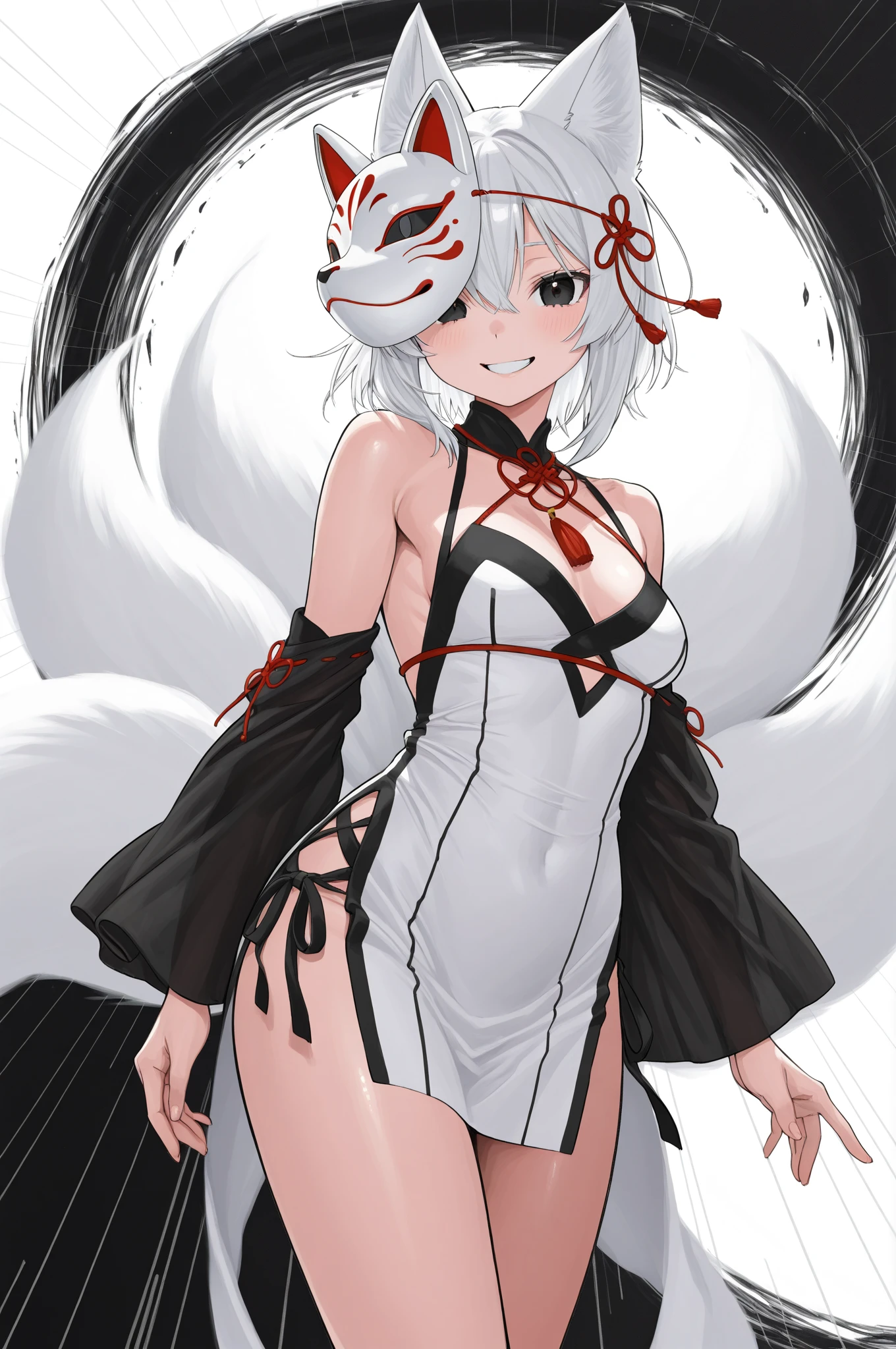 Highest quality,Highest Resolution,Beautiful girl with angry face in white fox leotard,High leg,Very red eyes,Bamboo grove,full moon,Night Sky,fog,((White fox thick tail,White fox ears)),Standing posture,whole body,Red piping line,