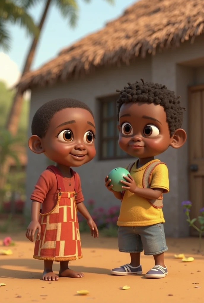 African boy and girl planting grass outside the house 
