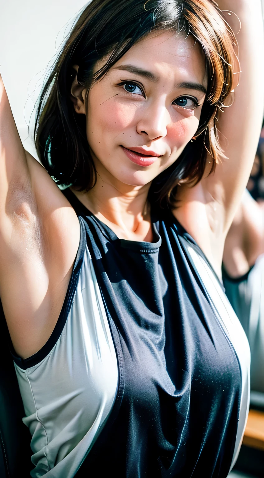 Tabletop,Awards - Winning Photos, Very detailed, Edge Orgasm, Woman with open mouth and closed eyes , Deeply chiseled face、Tank top、A long nose with a pointed point,,,,,,,,,,,,,,,,,,,,,,,,Strong Nose、Long, narrow nostrils、Sweaty, shiny skin、Lighting that accentuates the shine of sweat{Realistic nostrils}, Black-haired、Hiding behind a telegraph pole on the side of the road、there are many people behind me,There are several children nearby、Shapely breasts、Spread your armpits, skin))