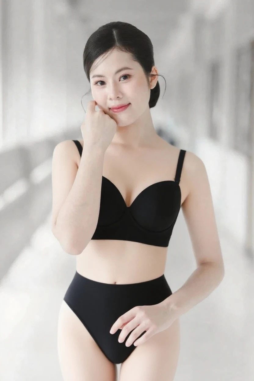((masterpiece, best quality)), ((((perfect anatomy)))), ((Chinese woman with black hair buns)), (30 year old), white bra, ((White high cut panties)), standing in front of a grey screen, smirking, dark makeup, red lipstick, grinning, ((photo realistic)),