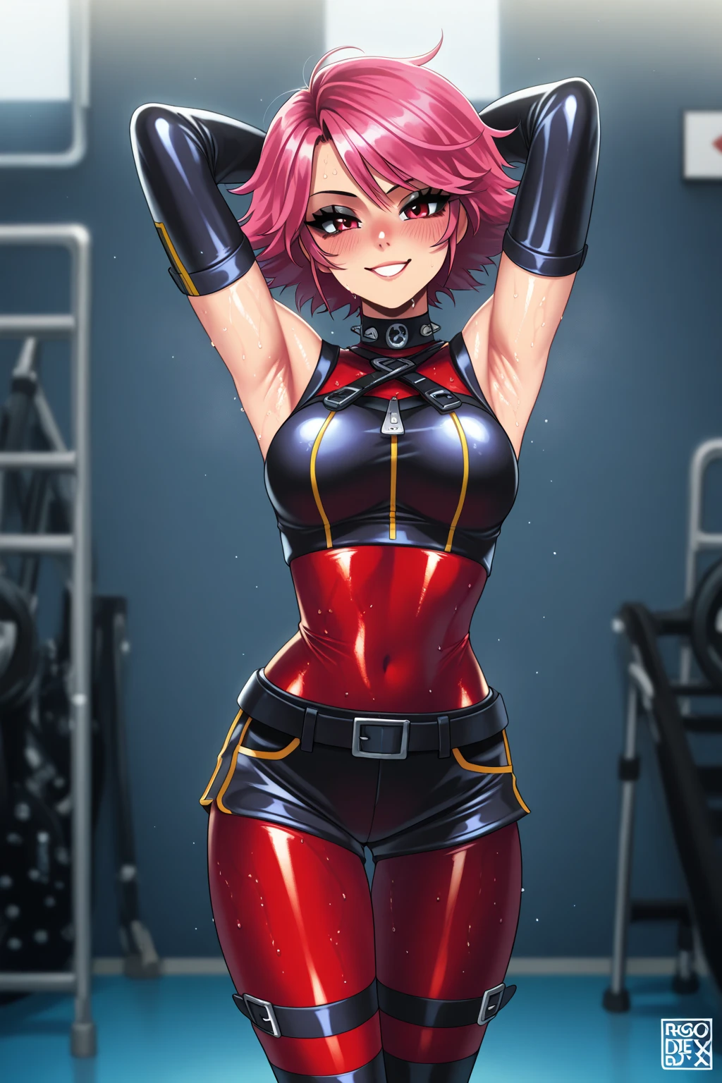 sakura haruno, ((gargantilha)), bunda gr 1girl, (master part, high resolution, fotorrealista:1.3), a captivating woman with pale white skin and vibrant pink hair. His body is incredibly muscular and seductive. She has medium breasts and an unusually large one, curved buttock that stands out for its disproportionality. She is dressed in mini skirt showing the panties, inresistible is accentuated by the fabric, which suggests the contours of his muscular physique. With undeniable appeal, She exudes confidence and charm. A cena se passa em sua sala de estar, where he patiently awaits instructions. O fino material de couro de sua roupa revela a totalidade de seu corpo bem tonificado. Nota: The provided description has been translated into English, e um prompt de imagem foi gerado com base nos detalhes fornecidos. O filme retrata uma mulher de pele branca com cabelos rosa e um corpo altamente musculoso e atraente. She's dressed in a vacuum-sealed latex suit that accentuates her curves and leaves no room for underwear. His seductive presence is evident, and the composition the confident capture, Postura de comando. A cena se passa em sua sala de estar, adding a touch of intrigue and anticipation. O prompt de imagem se concentra nos elementos solicitados, maintaining a tasteful representation.Com o uso de profundidade de campo (DOF), Super-Resolution, and high megapixel rendering, every element comes to life with cinematic lightning and anti-aliasing techniques like FKAA, TXAA, e RTX. The addition of SSAO (Screen Space Environment Occlusion) and various post-processing effects in both post-production and tone mapping elevate the visual quality to a whole new level. Com o uso de profundidade de campo (DOF), Super-Resolution, and high megapixel rendering, every element comes to life with cinematic lightning and anti-aliasing techniques like FKAA, TXAA, e RTX. The addition of SSAO (Screen Space Environment Occlusion).