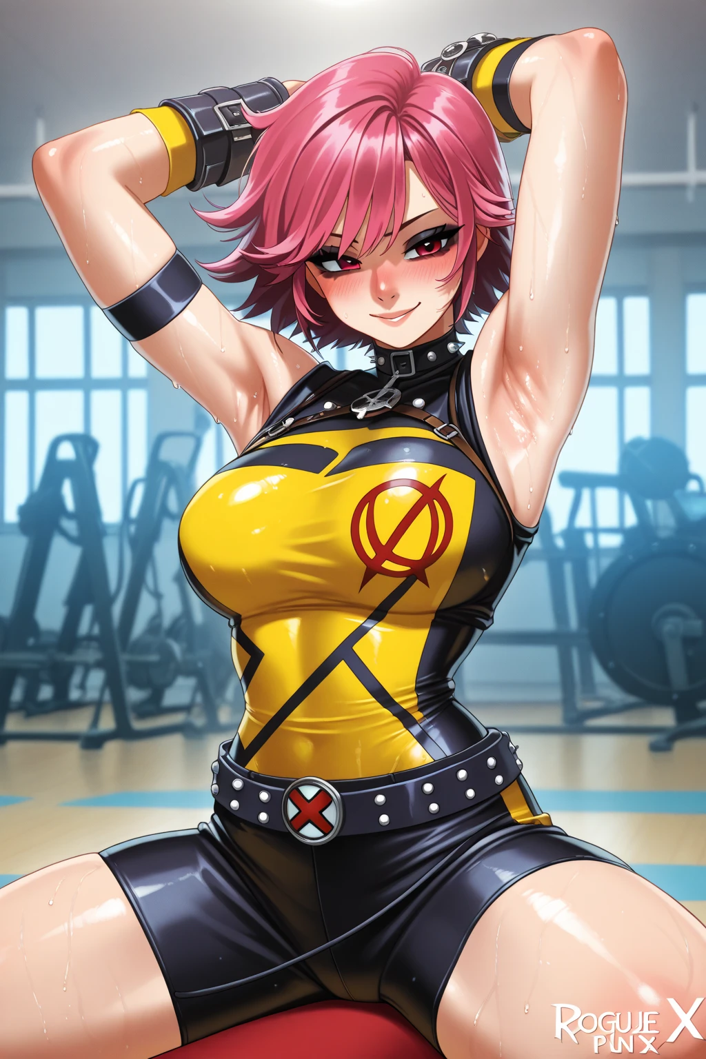 Kei from The Dirty Pair, , wearing a tight outfit, skimpy, medium breast, red hair beauty, cyberpunk city background, holding retro space-gun, headband, slim waist, slim thighs, thigh gap