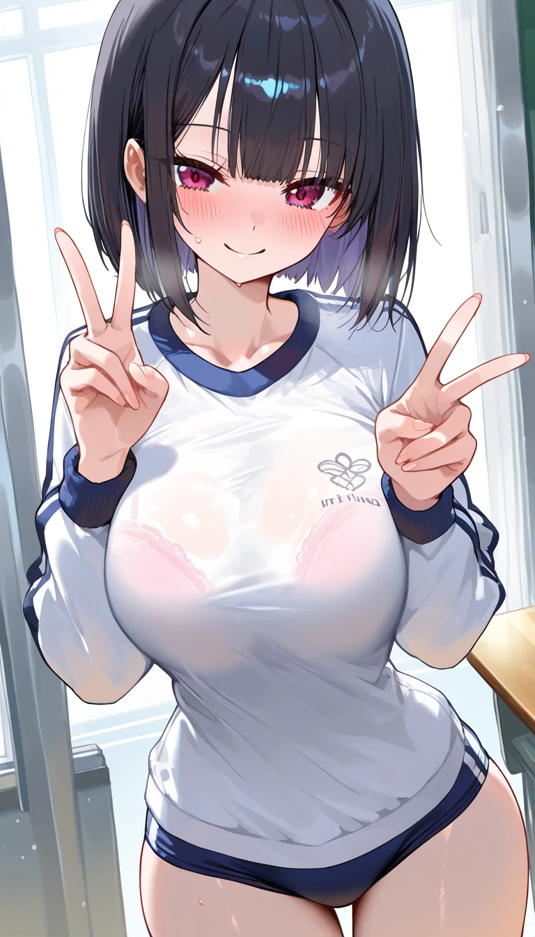 (((highest quality)))、(((masterpiece)))、An illustration、(((very delicate and beautiful)))、(((very detailed)))、cg、(((8k wallpaper)))、wonderful、small details、masterpiece、(((the best ultimate art)))、very detailed 、(((cg Unity 8k wallpaper)))、(((perfect japanese girl)))、(((huge breasts 1:1)))、(((Super Big 1:1)))、(((perfect body)))、(((perfect arms)))、(((perfect hands)))、(((The perfect peace sign)))、(((perfect breasts)))、(((perfect nipples)))、(((perfect milking)))、(((perfect milking器)))、(((perfect face)))、(((perfect hairstyle)))、(((Nipples showing through)))、(((I can see your breasts)))、(((huge nipples)))、(((White and red gym clothes)))、(((black hair)))、(((ponytail)))、(((NSFW1:1)))