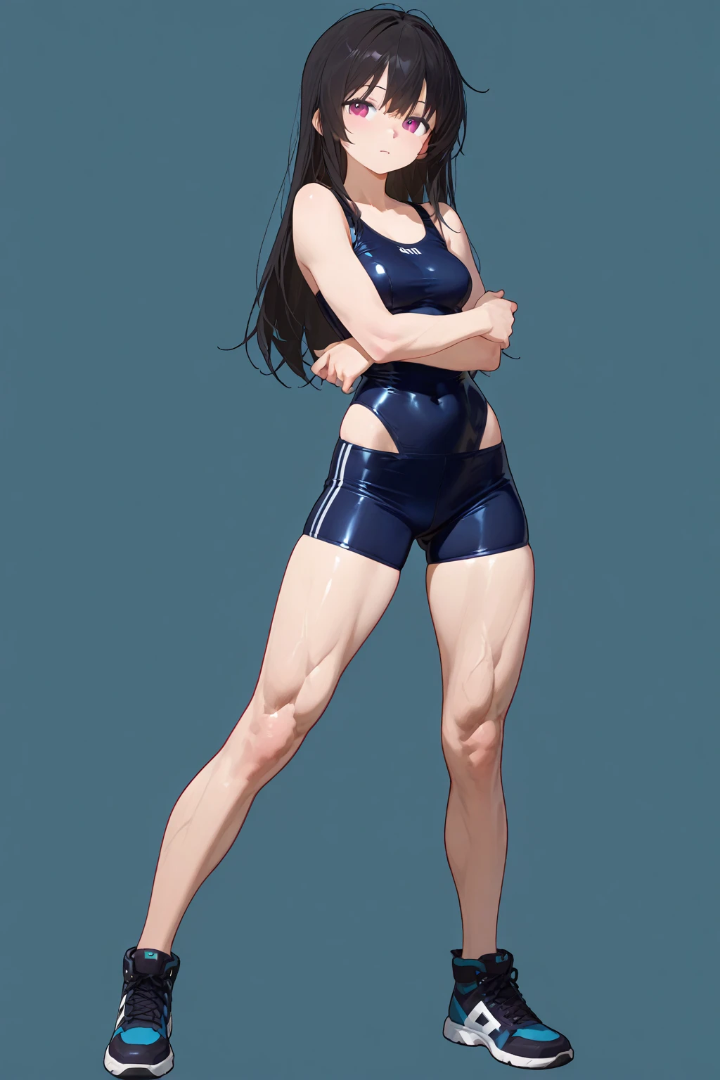 source_anime, 1girl, solo, long_hair, brown_hair, blunt_bangs, ponytail, ponytail_holder, blunt_ends, green_eyes, eyebrows, eyelashes, smile, closed mouth, muscular_female, muscular, collarbone, pectorals, biceps, triceps, forearm_muscles, hands, palms, narrow_waist, linea_alba, abs, navel, groin, ass, wide_hips, thighs, thick_thighs, calves, feet, swimsuit, one-piece_swimsuit, competition_swimsuit, aqua_one-piece_swimsuit, bare_shoulders, bare_arms, bare_hips, bare_legs, barefoot, standing, legs_apart, looking_at_viewer, straight-on, full_body, simple background, rating_explicit, N0R3AL_PDXL, Expressiveh