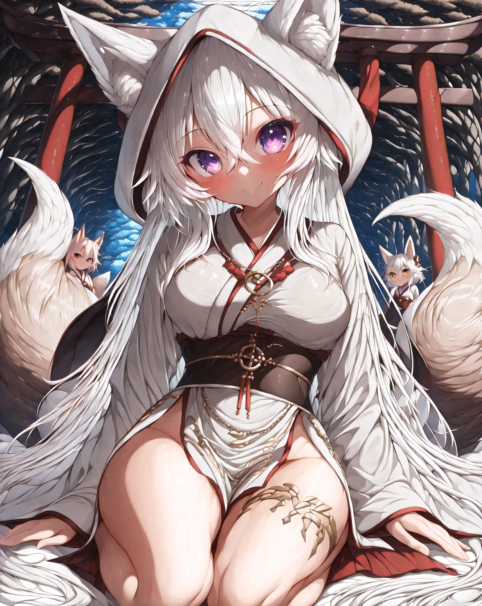 a sexy milf, has very long white hair, breasts, showing cleavage, has fox ears, wearing sakura kimono, in a gypsy tent, reading a crystal ball and surrounded by tarot cards, surrounded by candles, mystical, showing legs, sitting on cloth laden stool, has a table in front of her