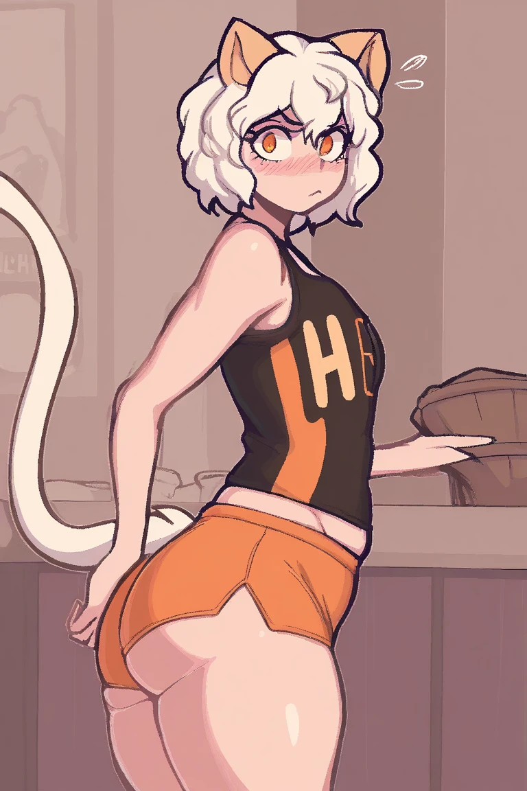 score_9,score_8_up,score_7_up, source_anime, temmie from undertale, Anthro girl, short silver grey hair, tall slender body, brown eyes, white furry body, canine feline hybrid girl, tail, four ears, extra ears, floppy white dog ears and white cat ears, wearing blue bra, yellow thong, one hand on hip, rear view