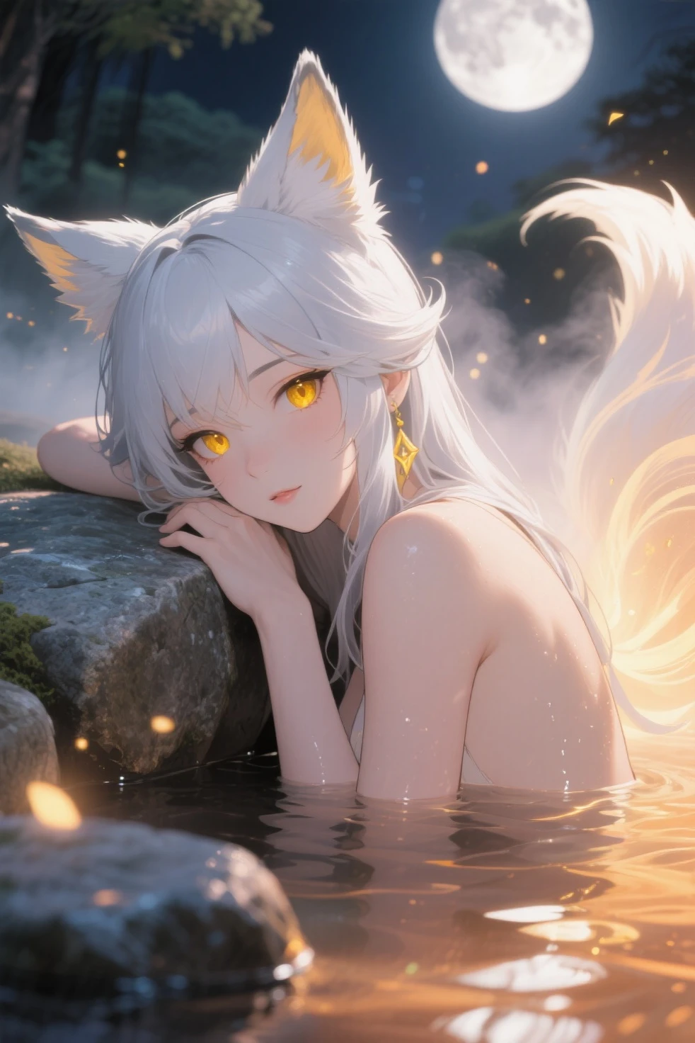 masterpiece, realistic, art by artgerm and greg rutkowski, 1girl, solo, anime, mature female, big breast, white hair, long hair, straight hair, (gold eyes, very detailed eyes, beautiful eyes), (fox girl, long fox ears, fox tail), naked, bathing, hand covers breast, partially submerged in water, lake, looking back, dark sky, night, starry sky