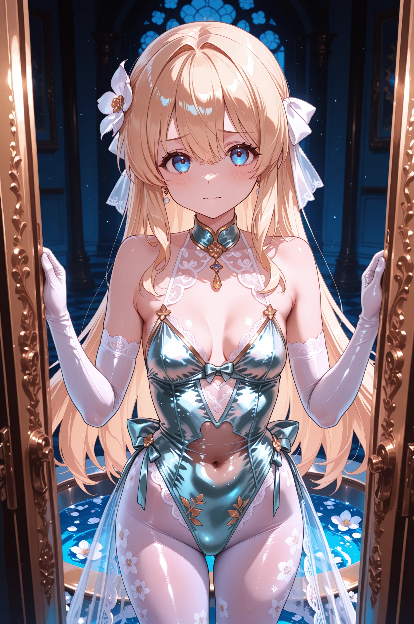 Wearing an elegant evening gown in front of a luxurious banquet hall、Beautiful girl posing for a photo shoot。She exudes confidence and grace.、The bright lights and elegant décor accentuate her beauty and sophistication.。(((nsfw)))(((naked)))((Transparent see-through clothing))(((5 years old)))infant