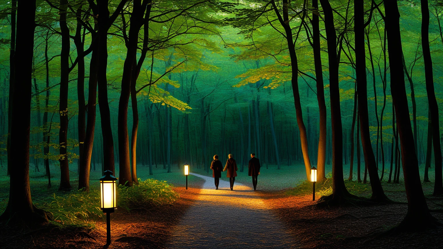 A couple walking in the forest at night 