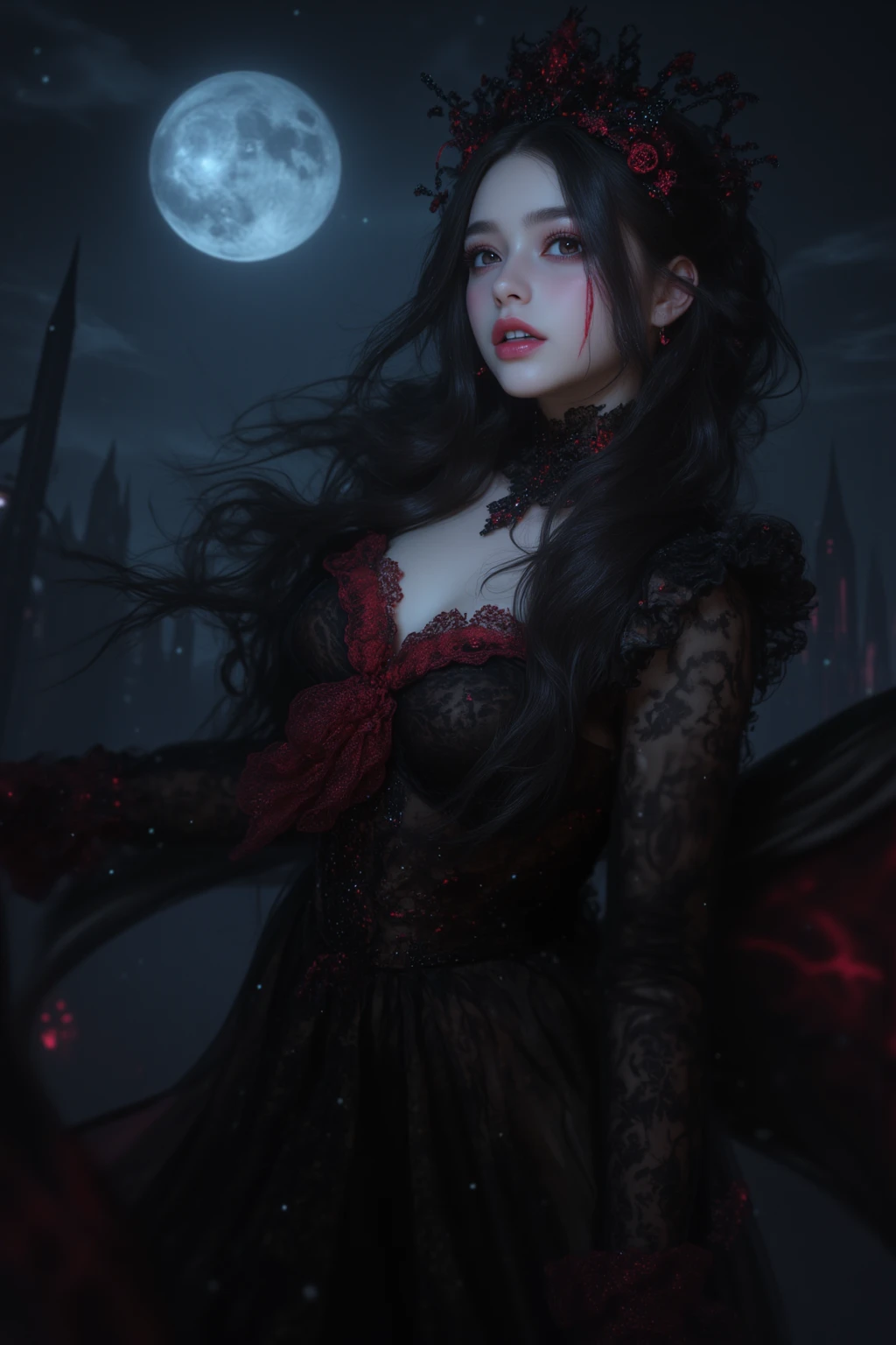 masterpiece, best_quality, 1girl, solo, (goth:1.2), remilia scarlet, detailed eyes, detailed lips, long eyelashes, beautiful, elegant dress, gothic architecture, moonlight, mystical atmosphere, dramatic lighting, dark moody colors, (detailed background:1.1), (intricate details:1.1), (cinematic composition:1.1), (photorealistic:1.37)