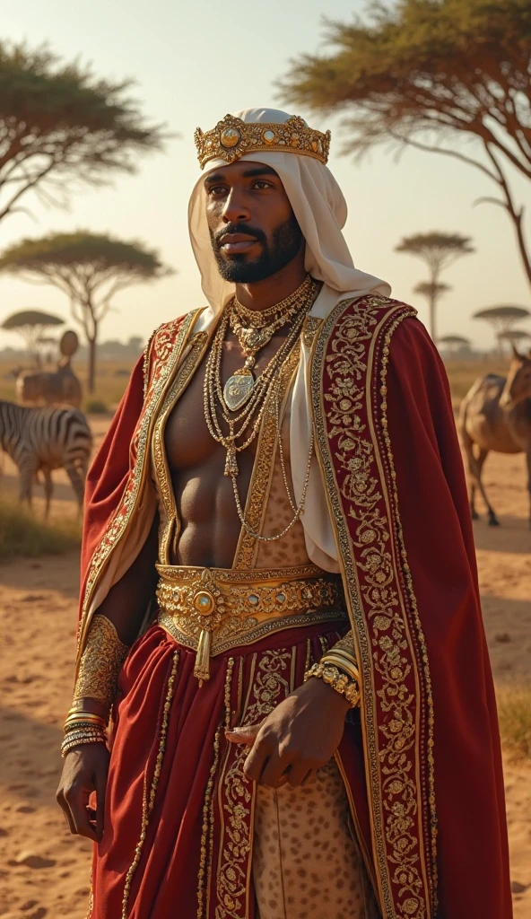 A handsome shirtless man wearing a skinny white-skinned king's uniform in the desert with a falcon and two leopards