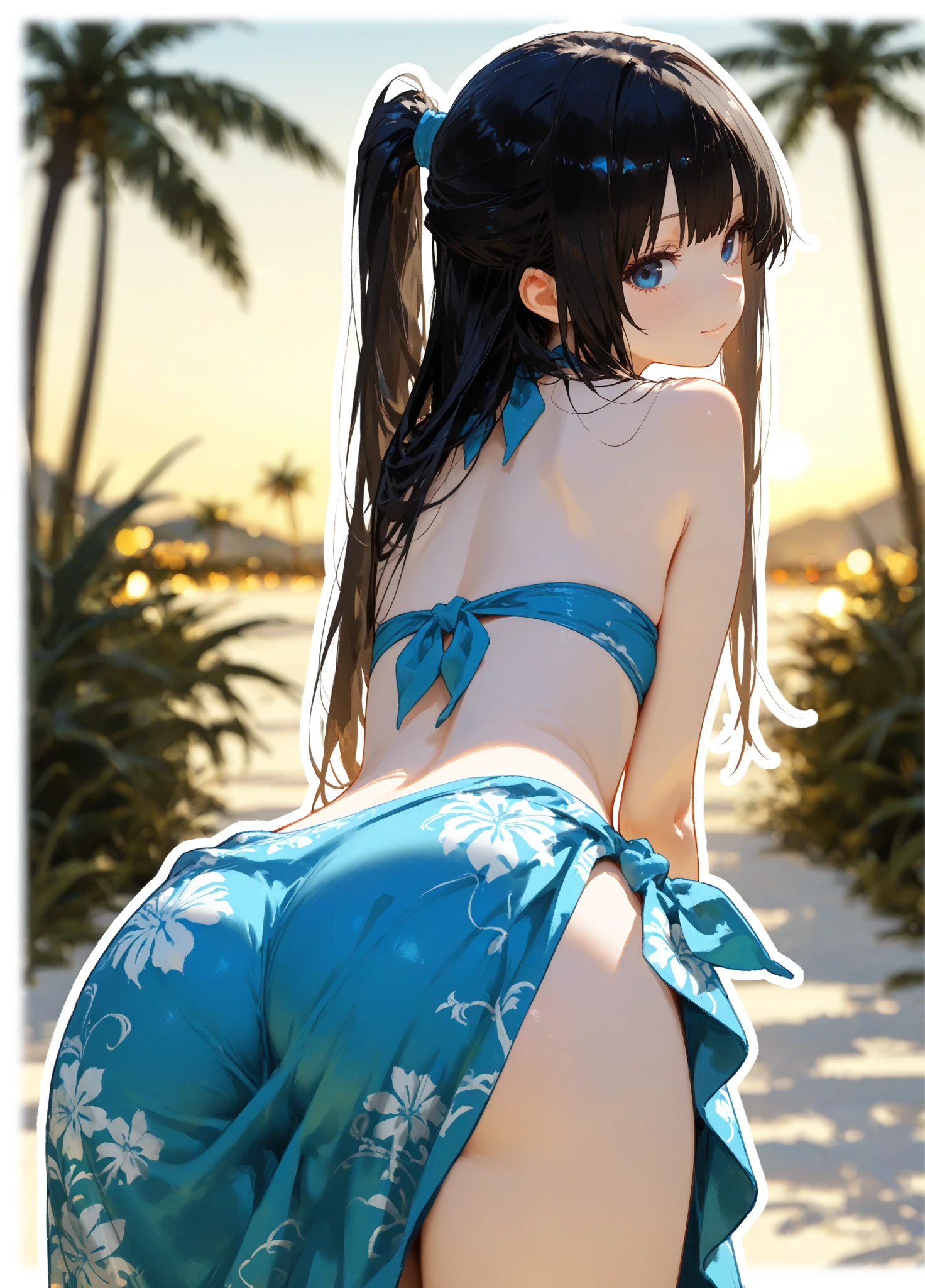hight resolution, top-quality,  ultra-quality, The ultra-detailliert, lighting like a movie、all-fours、Girl's ass、Seaside road、Traditional costumes ，(Indigo blue detail lace panties)、、nice butt、perfect buttocks、embarrassed from、Sweat、Sweatかく、（long blue twintail hair），Buttocks up，ideal buttocks，Akira bike