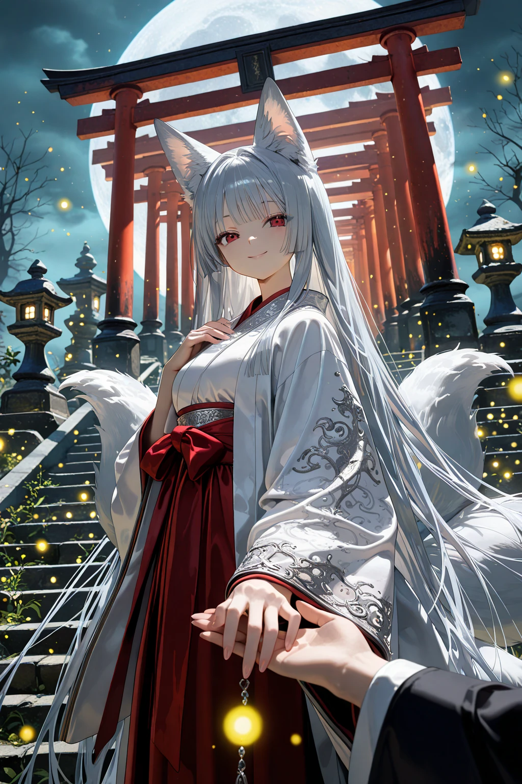 lily、gray hair、Fox、warrior、shrine、long hair、red eyes、small breasts、highest quality