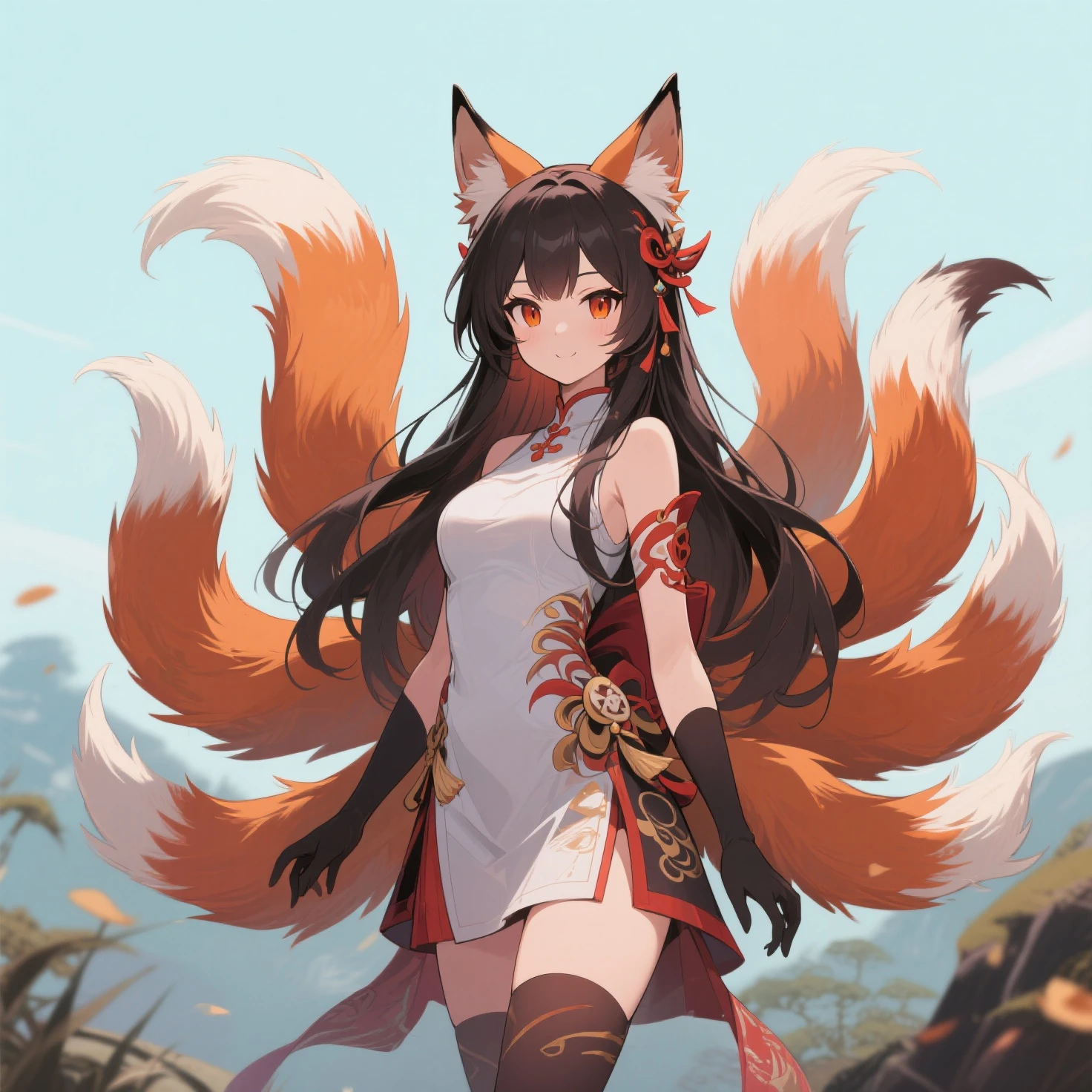 Big voluptuous big breasts ((cleavage is so attractive)), (furry tail), masterpiece top quality 1 busty girl with yellow eyes and long white hair (ahri) black hair permanent nine-tail smile natural, hair accessories, animal ears, blue, most Best quality, 1 plump girl, inksahli, multiple tails, fox tail, split tail, nine fluffy tails, seductive smile, ((blank background))