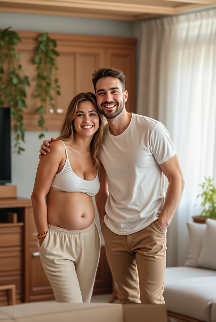 A beautiful young pregnant woman and her husband, Sweat in the woman body, wearing simple dress