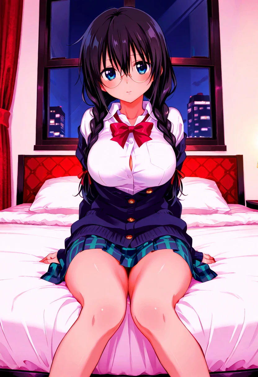 A woman who is pushed down on the bed and looks embarrassed, she is lying on her back, her uniform is about to come off, her breasts are visible, a girl has sex with her skirt turned up, her panties are visible, missionary position, erotic Face,gonzo, screaming with mouth wide open, blushing, pleasant looking face,