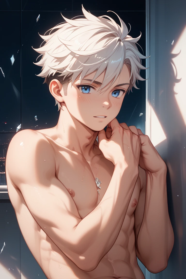 very thin boy11 years old without a shirt, Without clothing, thin, Blue eyes, white hair with red tips, wet body in white swimming trunks, straightens his hair embarrassedly, blush on the face,