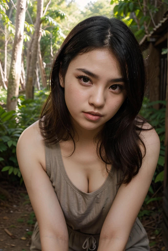 Raw, best quality, masterpiece, Ultra-realistic, ultra-detailed, korean mommy, 45-Years-Old, plump body, big breasts, exhausted face, wearing white thinnest strapless towel, laying head on trees root, taking a nap below trees, raining weather, big trees background, 8k resolution 