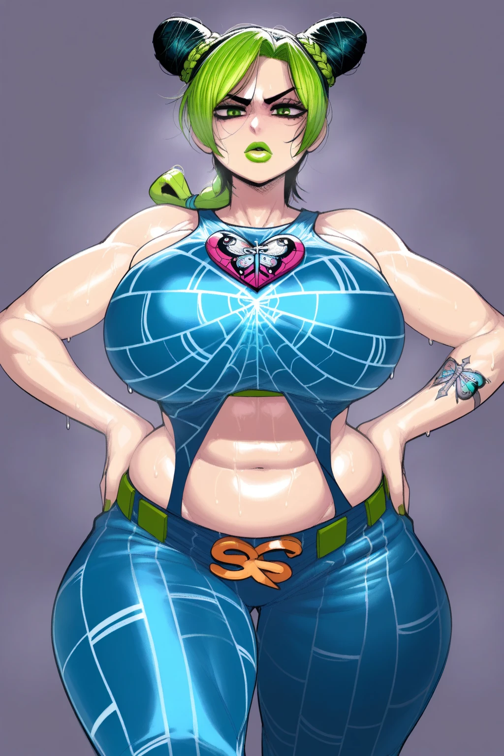 Jolyne cujoh, 1girl, (((bimbo))), long hair, puffy lips, painted green lips, smiling, wide hips, thick thighs, enormous round breast, huge ass, erotic kiss face, oily shiny skin, enormous huge natural breasts, natural breasts, posing, SFW, ((enourmus wide hips)),((((blue top)))),ripped jeans, jacket