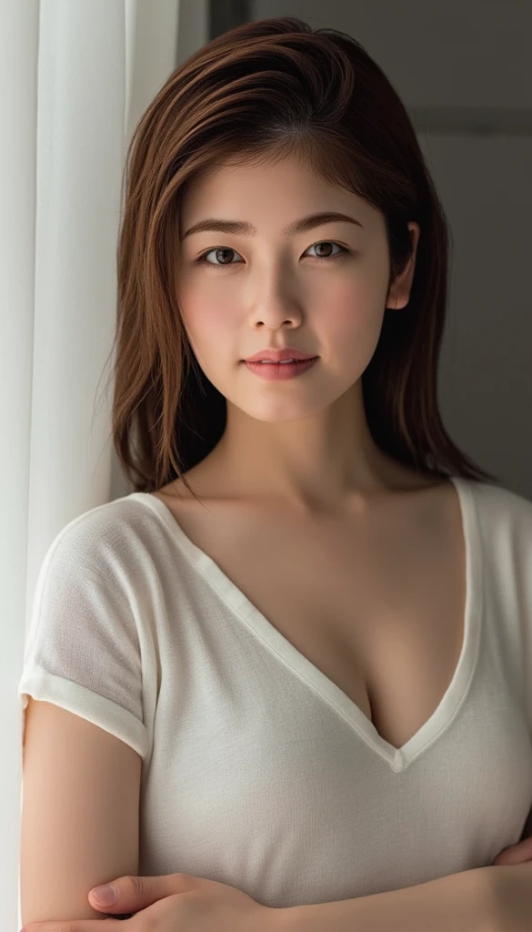 (8k), (highest quality: 1.2), (Realistic), (Realistic: 1.37), Ultra-high resolution,RAW Photos、 1 girl, Head to knee photo、cute, smile, Mouth closed, Beautiful details, Beautiful Nose, whole body, Wet Hair, Giant Dulcefo, pork, , (Small breasts)、Flat Chest、Breast like a 、A tight white blouse and pastel-colored cardigan that clings to her breasts、Nipples are visible through the、Voluptuous thighs、dolly make、Odd Eye、Heterochromia iridis