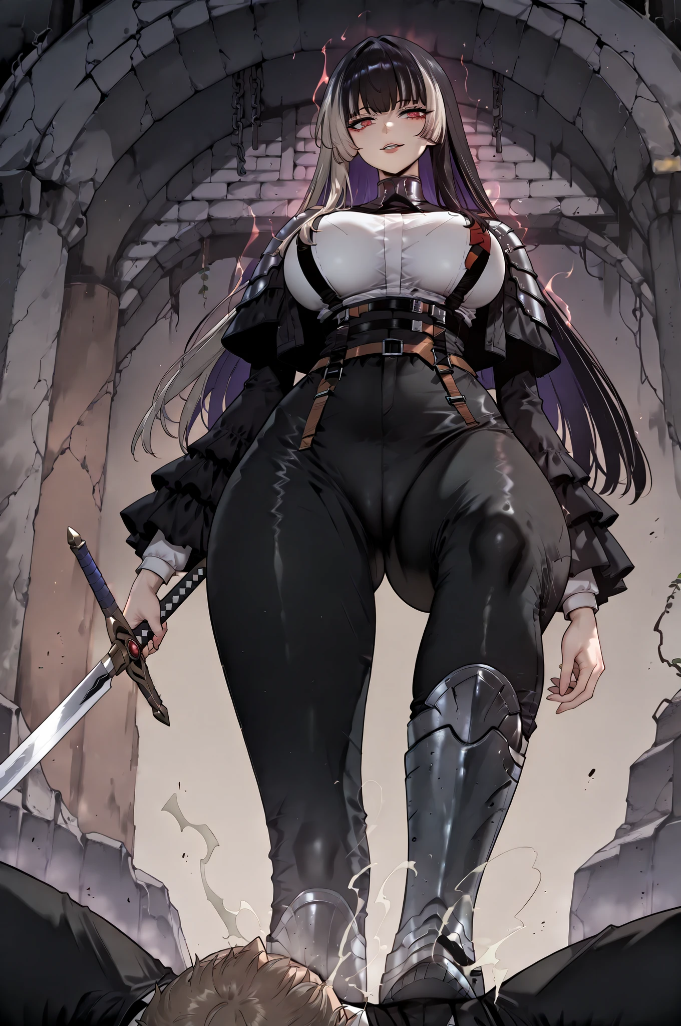 soloパーティ、solo討伐stomp、stompる、soloプレイ、solo、taken from below、caveの中、Hunter、Ruins、Attach a、black suit、Attach a、sword、Japanese sword、black longsuit、 black long jacket、ゴスロリなshirt、Depressed、Tall Woman、A woman in her thirties、 Alassah's woman、Steins;Gate、 black longsuit 、score_9, score_8_up, score_7_up, Source_anime,masterpiece、No expression、no makeup、top quality,beautifully detailed eyes in a logistics warehouse, Exquisite Eyes、A sophisticated eye、highly detailed eyes and face,unmotivated expression、lethargic face、 long breasts, Black Jacketを羽織る、Black Jacket、shirt, big saggy breasts, shockingly big breasts, big breasts,big boobs、boobs 、Zitoida, makeup、no makeup、long hair、smooth straight hair、black slacks、tall woman、Tall Woman、plump thighs, parted lips、 shining eyes,(Fire Aura Onkown),dungeon内、Crimson Eyes、long hair、dark haired、黒い髪、long straight hair、dungeon、cave、Ruins、solo、swordを持っている、soloプレイヤー、red aura、 Crimson Aura 、zone、sword、大sword、Japanese sword、Sword、ゴツいsword、厳ついsword、Buster Sword、大Sword、Wide ass、beautiful butt、butt that's stomping on a monster's carcass、long boots、Shoulder Armor、Fearless Laugh、strong、Is confident、suit pants、黒いlong pants、Black Skinny、long pants、Dynamic、Satu、fight、Satu狂、sexual impulses and、bangs、quick bangs、princess cut、モンスターをstompる、low angle、stomp、Black Skinny、モンスターをstomping 、stomping 、stomping する、モンスターの死骸をstompている、Sadist、Extreme sadism、Sado、bewitching smile、Seductive Laughter、arrogant、 Confidence々The smile 