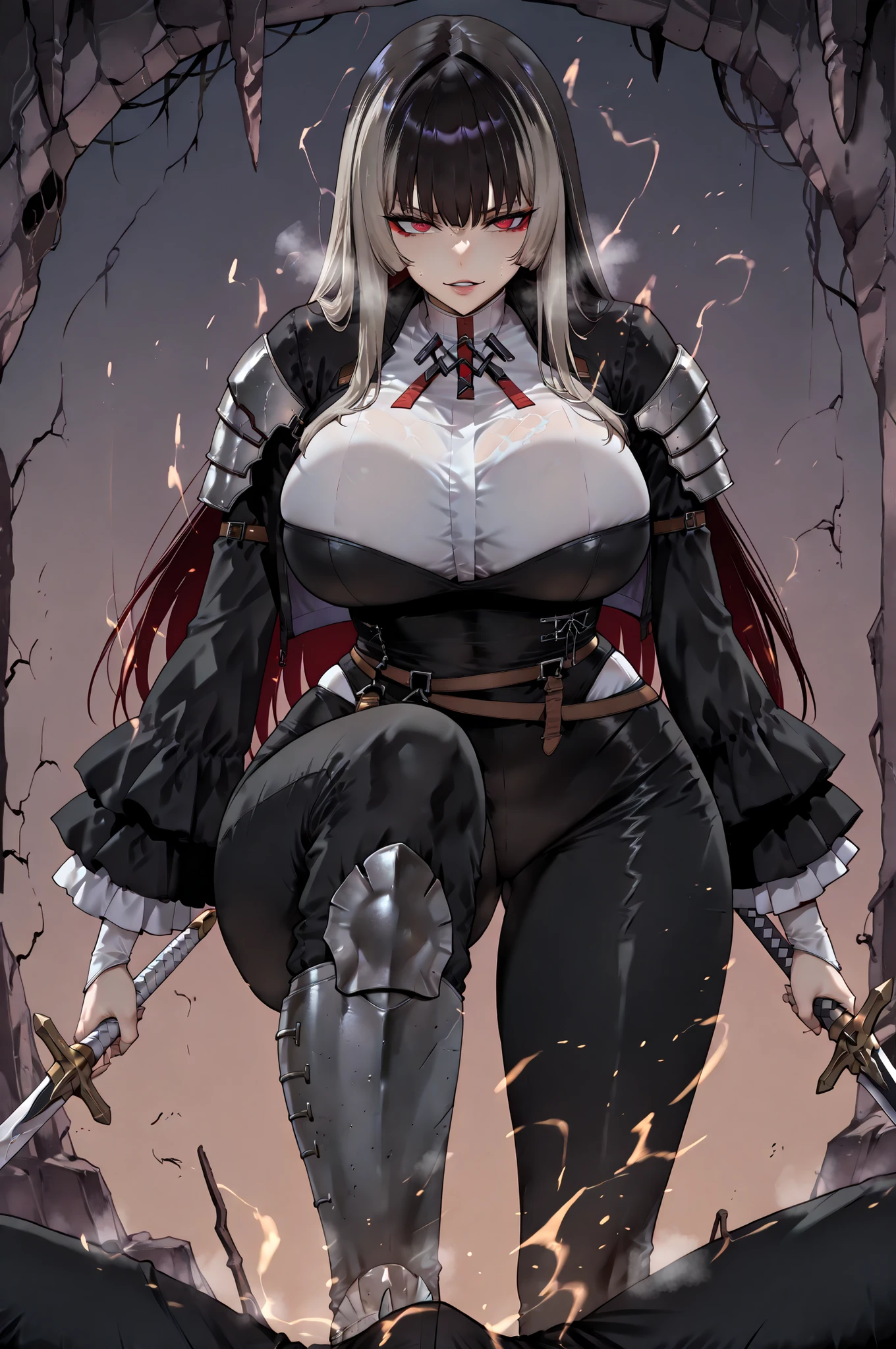 soloパーティ、solo討伐stomp、stompる、soloプレイ、solo、taken from below、caveの中、Hunter、Ruins、Attach a、black suit、Attach a、sword、Japanese sword、black longsuit、 black long jacket、ゴスロリなshirt、Depressed、Tall Woman、A woman in her thirties、 Alassah's woman、Steins;Gate、 black longsuit 、score_9, score_8_up, score_7_up, Source_anime,masterpiece、No expression、no makeup、top quality,beautifully detailed eyes in a logistics warehouse, Exquisite Eyes、A sophisticated eye、highly detailed eyes and face,unmotivated expression、lethargic face、 long breasts, Black Jacketを羽織る、Black Jacket、shirt, big saggy breasts, shockingly big breasts, big breasts,big boobs、boobs 、Zitoida, makeup、no makeup、long hair、smooth straight hair、black slacks、tall woman、Tall Woman、plump thighs, parted lips、 shining eyes,(Fire Aura Onkown),dungeon内、Crimson Eyes、long hair、dark haired、黒い髪、long straight hair、dungeon、cave、Ruins、solo、swordを持っている、soloプレイヤー、red aura、 Crimson Aura 、zone、sword、大sword、Japanese sword、Sword、ゴツいsword、厳ついsword、Buster Sword、大Sword、Wide ass、beautiful butt、butt that's stomping on a monster's carcass、long boots、Shoulder Armor、Fearless Laugh、strong、Is confident、suit pants、黒いlong pants、Black Skinny、long pants、Dynamic、Satu、fight、Satu狂、sexual impulses and、bangs、quick bangs、princess cut、モンスターをstompる、low angle、stomp、Black Skinny、モンスターをstomping 、stomping 、stomping する、モンスターの死骸をstompている、Sadist、Extreme sadism、Sado、bewitching smile、Seductive Laughter、arrogant、 Confidence々The smile