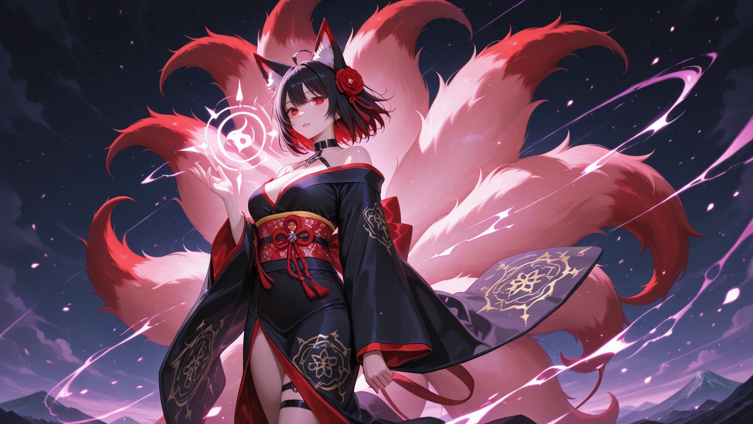 Young guy, pretty facial features, long dark purple hair, half gathered in messy ponytail, half loose, dangerous bright red eyes, black fit clothes with many jewels, fox ears and tail, mad smile