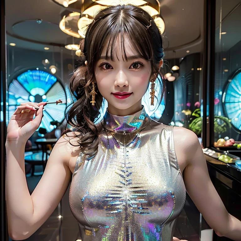 Very detailed, beautiful, Highest quality, Professionally taken photos, Like a poster, (((Burstingly Big Breasts:1.5)))、((Tight abdomen))、detailed beautiful round eyes, beautiful detailed face, Whole Body Ezbian, Medium Long Hair, Casual Hairstyles, (Random color hair, Golden mesh), Big eyes, Random color eyes, Long eyelashes, Thick mascara, Dark eyeliner, (Huge breasts), (Bust about to burst:1.4),  (Wide Hips:1.4, Toned thighs, Body Curves), 20-year-old, woman,  Perfect Face, Perfect body, Sexy pose, (A shy smile), Random Location, nature, (alone), The light on my face,