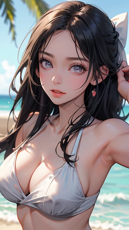 (from above; close-up portrait:1.3), beautiful sexy woman, big breasts, perfect body proportions, slim, fit, voluptuous, bikini, beach, photorealistic