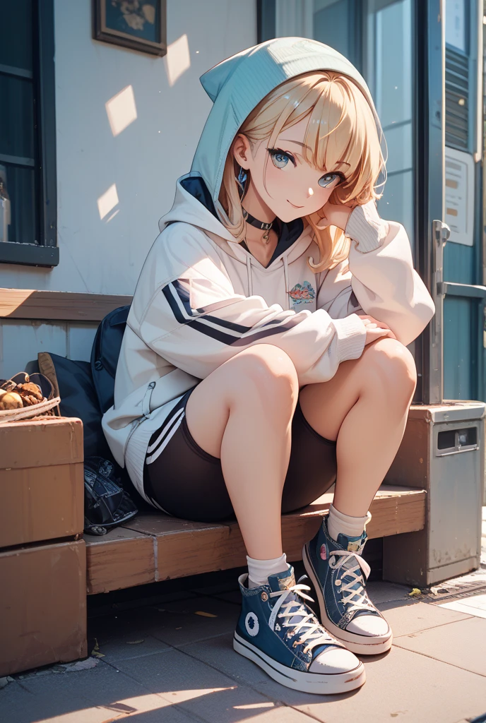 one girl, big, realistic face, Vagina, White sneakers, blonde hair, blue eyes(Looking down), ponytail, high quality full black hoodie, sity streat, sad, full boby, stand, Foot-Level Shot, anime, from below, masterpiece, anatomically correct, high details, high quality