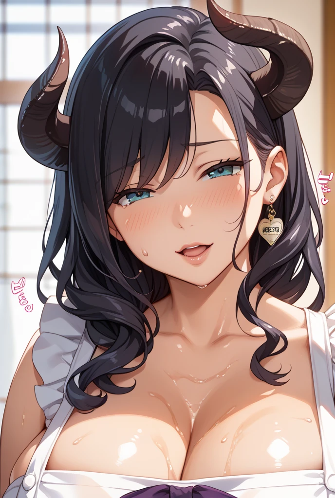 animesque、a sticker、顔と口メインのa sticker、Close-up of the mouth、1beautiful girl、mecha musume、sixteen years old、(((I mainly draw the mouth、super close up of mouth、tongue、long tongue、sticking out the tongue、Show the inside of the mouth、Open your mouth wide and show me your throat)))、Horns、teak、lip stick、huge tit、cleavage of the breast、simple background、