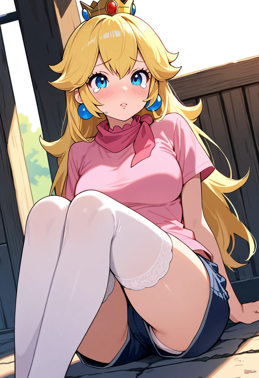 (melhor qualidade: 0.8) (nsfw), masterpiece_illustration, cameltoe, legs opened, sky_background, sharp_focus, menina, solo, adolescente, long_blond_hair, white_collar_polo_shirt, long_sleeves_pink_shirt_outer, white_short_skirt, pink_kitty_beanie, white_legwears, blue_eyes, big_breasts, sem brilho, underboob, lactation, wet