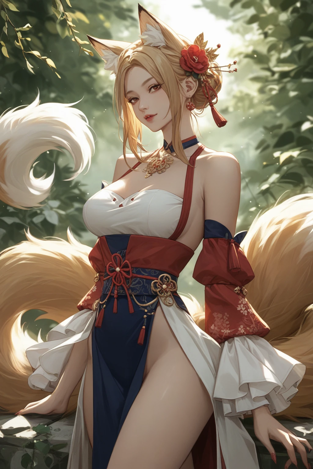 a beauty girl,Mature face,a matural female,Fluffy tail hair,Ultra-loose underwear,clothes slipping off,Anterior convex and posterior,Straight chest,Ruddy complexion,Huge fox tail,nabel,(huge tit),adventurer,tit,areola of breast,pantiess,Stockings,Human Services Group,((illustrated)),split,((Chinese tradition)),(Sex workers),(Prostitutes)