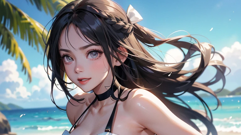((best quality)), ((masterpiece)), ((detailed)), ((1girl)), Kimetsu no yaiba screenshot of a girl in black charming bikini outfit with skullcap, a character portrait including heart shape face, dark purple eyes, straight dark black long hair, untie dark black long hair, two roofs hair, smiling, short scandals, variety of body styles, gentle fantasy art, beautiful character painting, white sands, full body style,, in sea background, epic and exquisite character art, stunning character art, beautiful girl.