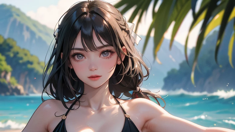 Photo of a girl with natural skin, ((Baby Face)), Round face, A girl wearing mainly black and red, Upper Body, Seaside cave, The light is shining in, High Twintails, Black hair with red mesh, Sharp eyes with red eyeshadow, Blue-green eyes, Shining eyes, A thin, upturned nose, Well-shaped lips, ((crop top overhang, Short sleeve, Black clothes, Thighs, Glamour body)), Makeup, Exquisitely crafted with the utmost attention to detail, Vibrant, amazing, Smooth, Cinematic, 4K, Backlight, (()), Shallow depth of field, ((Detailed eyes:1.3, Detailed lips:1.3, high quality, )), masterpiece, Super detailed images, High quality