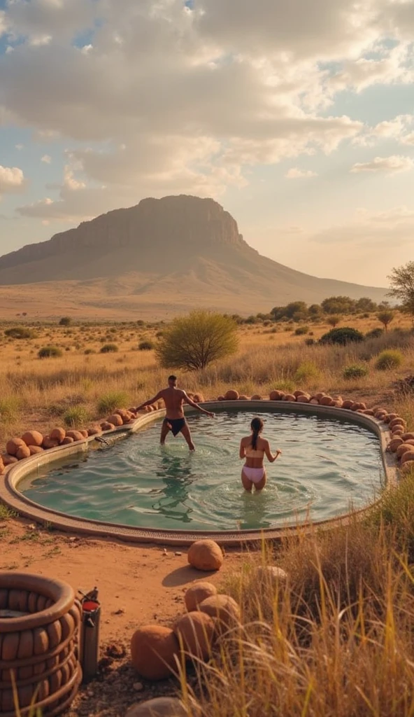 hermes reading a book sit on hot tub, angry screaming, at ruins and desert
