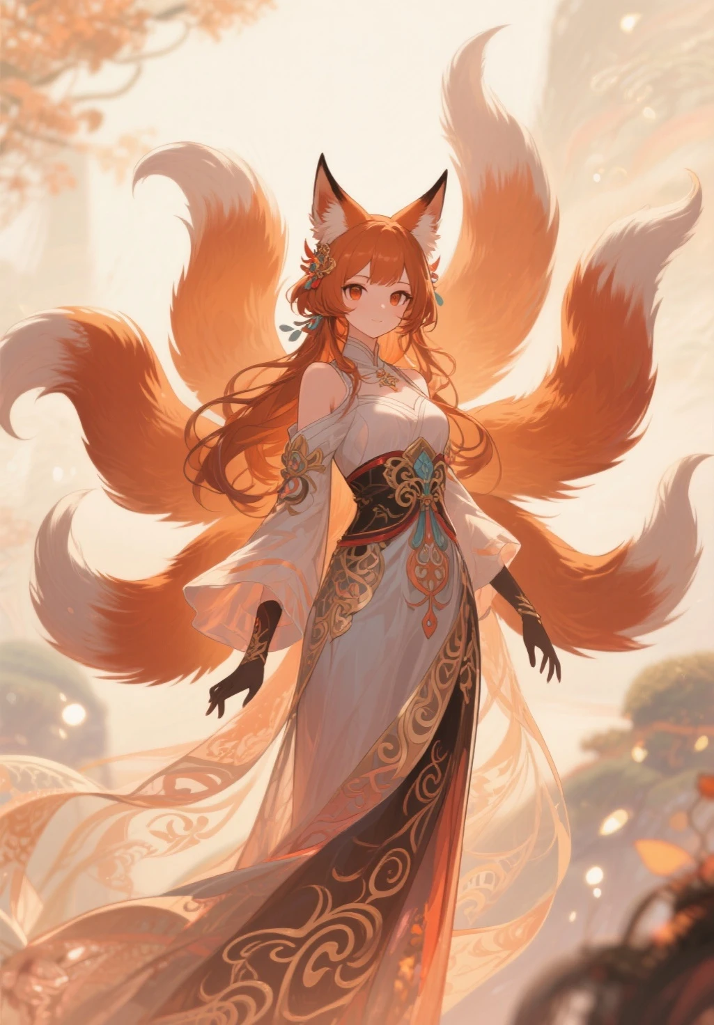 With delicately pointed fox-like ears atop her head and nine voluminous, fluffy tails cascading behind her, the enchanting figure before us embodies a mystical and ethereal beauty. This stunning portrayal captures every nuance of her otherworldly allure, whether in a painting, photograph, or digital art. The vibrant colors of her fur, a mesmerizing blend of fiery oranges and soft creams, seem to shimmer and dance in the light, highlighting the intricate details of each tail and ear. The image is so exquisitely rendered that one can almost feel the softness of her fur and hear the gentle rustling of her tails as she moves. It is a masterful work of art that immerses viewers in a world of fantasy and wonder. and make her more sexy by giving her a very big and ass give her a h cup chest. and a small beauty spot on her right breast. she has crimson blood red hair. anime-style Japanese hair, shiny crimson hair, Her dress has a beautiful shimmering pulsating gold pattern that gives it an extraordinary look, golden butterflies fly next to the heroine, with their ethereal Japanese beauty (23 years old). A single lock of hair accentuates her delicate features, and she is adorned with sparkling gems. Her expressive eyes shine with emotion, and her fair skin complements her slender figure. This stunning character comes to life through digital painting. milky white skin and sky blue and mint green eyes. her eyes are bright and shiny. her frock reaches her ankle. give her a nighttime background walking among Sakura tress with golden butterflies fly next to the Girl. her nine-tails flow beautifully behind her visible and she is wearing a nice Japanese-style sandals. has a big firm ass wearing white stockings with golden design on them her kimono reaches to the ankle and her nine-tails dance behind her in a otherworldly beauty of tails sakura tree petals and golden butterflies
