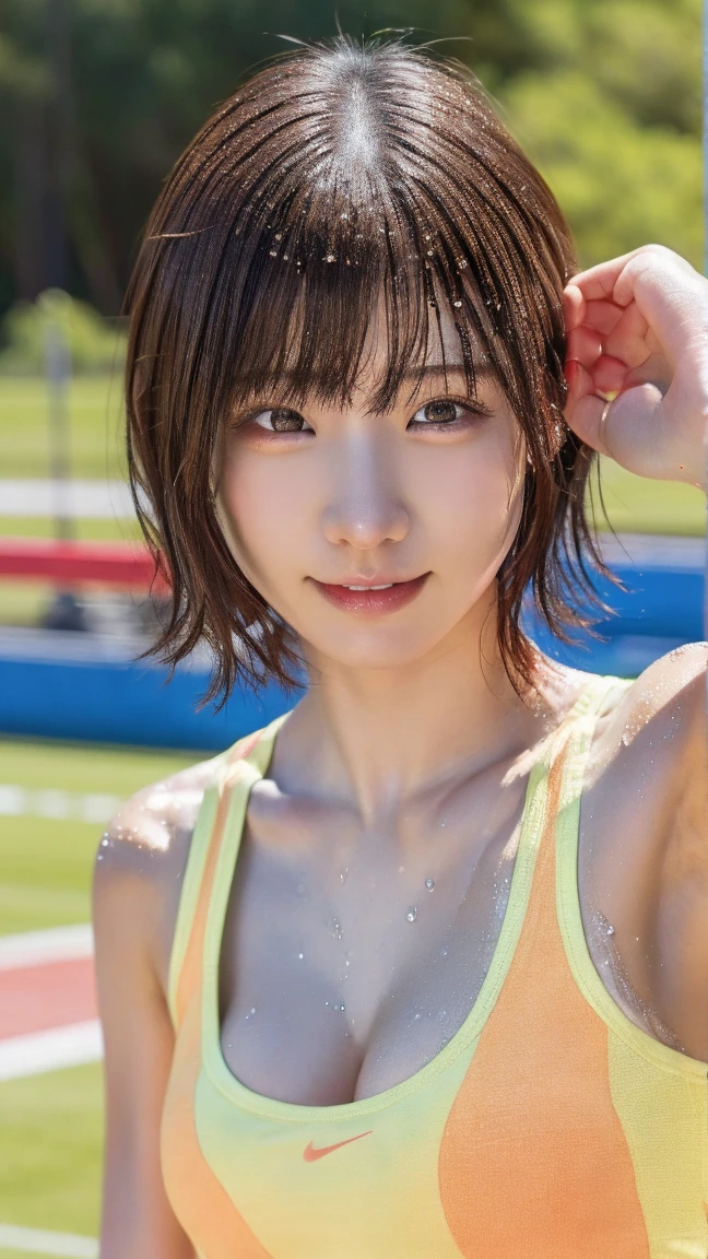 highest quality、colorful、Ray Tracing、Perfect lighting、Highly detailed 8k wallpapers、Detailed Background、High resolution、One woman、、Beautiful and realistic face、Overly detailed art、Cool short hair、Swimsuit、whole body