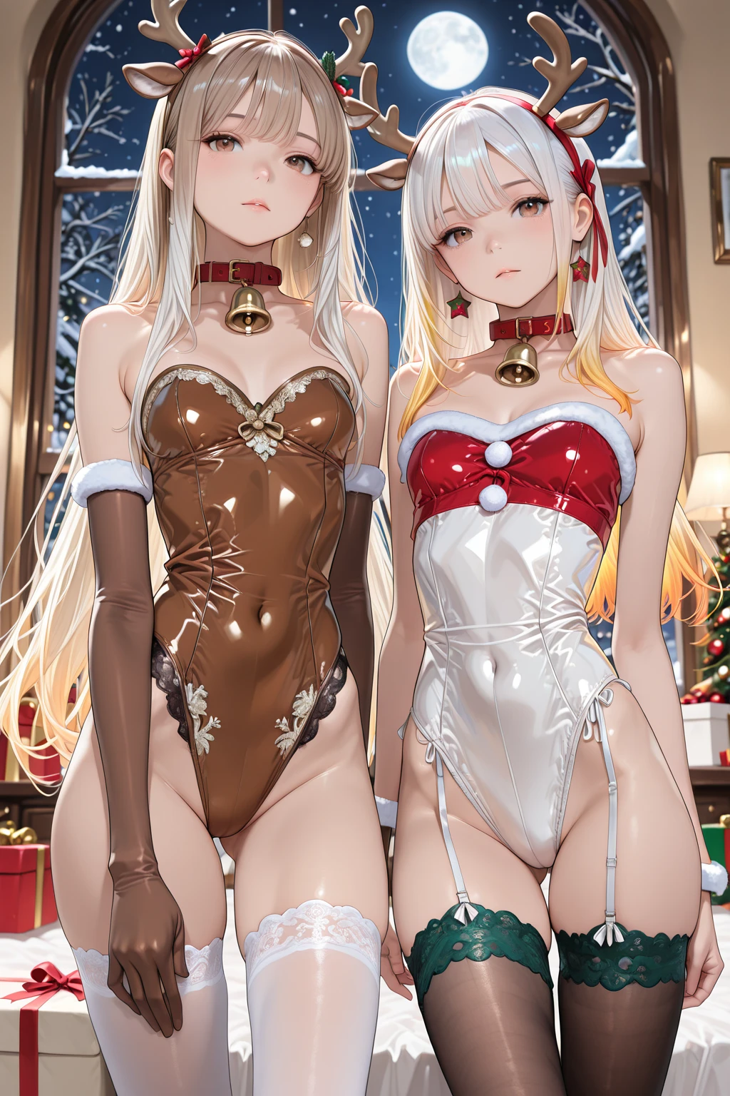 masutepiece, of the highest quality, 16k UHD,
Sitting,
Room with warm Christmas decorations, 2girls, Multiple girls, Solo, Cute, Warm smile, Blushing, embarrassed, itting open legs, Cameltoe, (Red Bunny Girl Costume:1.4), (((Oil,gleaming skin、realistic skin textures、Detailed beautiful skin、Shiny skin、shiny white skin))),