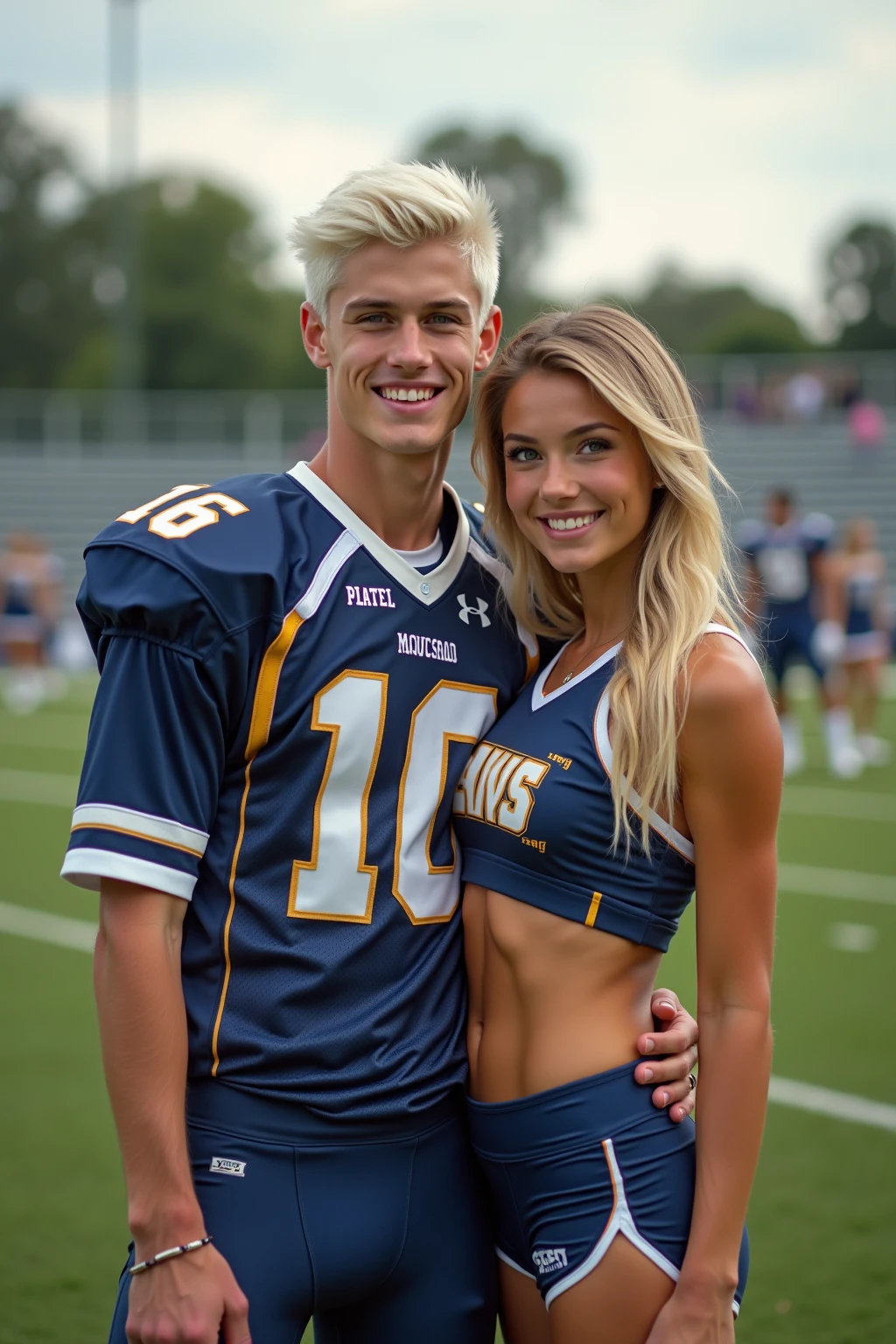 showing full body, showing knees, showing head,, super cute 17yo girl and guy with arms around eachother, smiling, very young, fit , athlete , girl is topless, girl has huge boobs, blond, both have very long hair, wearing tiny g-string, guy has underwear bulge, guy has white underwear, detailed HDR photo