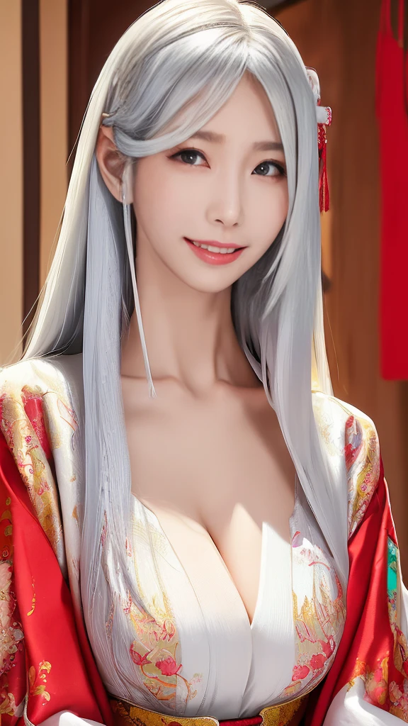 (8k,Photorealistic　RAWphotograph　Highest quality;1.4) A mature woman with beautiful white hair) Super Beautiful Japanese White Hair God　(A vivid face)　Costumeを着た大きな胸の女性の接写, Japanese Mature God,Big smile,Beautiful Fantasy Empress, Beautiful and attractive anime woman, Gweiz-style artwork, 8kの高品質で詳細なアート, Very detailed artgerm, Palace-like ， Beautiful character drawings, Anime, Seductive anime woman　白い絹で作られたJapanese Kimono　(Costume)　超High resolution　Beautiful expression　Surreal　(Realistic Skin)　Ultra-high density　(Tabletop, Highest quality, Realistic, High resolution, photograph, :1.3)　Super flashy makeup　Golden Eyes　Japanese Kimono　Black and red bands　Golden Band Code　Red Rouge　Beautiful black hair,Highest qualityのPhotorealisticRAWphotograph。Backlight、Cinema Lighting、Film Grain、50mm lens、Nikon D850、Ultra-Realistic Skin、Fantasy art、Character Art、超High resolution、muscular and slim body、Ultra-Realistic Skin,Perfect hands(Anatomical modeling),Oiran-style makeup,Very large breasts,