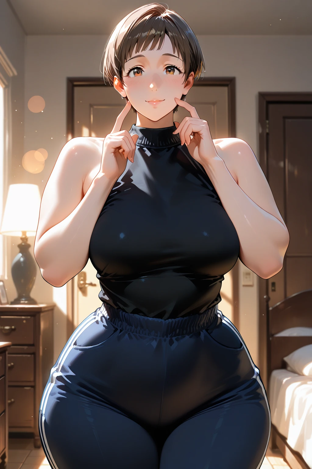 <lora:Sori_BNW:0.9> soridef, brown eyes, brown hair, short hair
1girl, solo, breasts, covered navel, shirt, black shirt, skirt, pencil skirt, sleeveless shirt, sleeveless, white skirt, crossed arms, large breasts, pantyhose, facing viewer, blush, earrings, jewelry
masterpiece, best quality